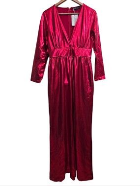 Loragal NWT Party Reflective Red V-Neck WideLeg Jumpsuit Vinyl-like Texture Sz L